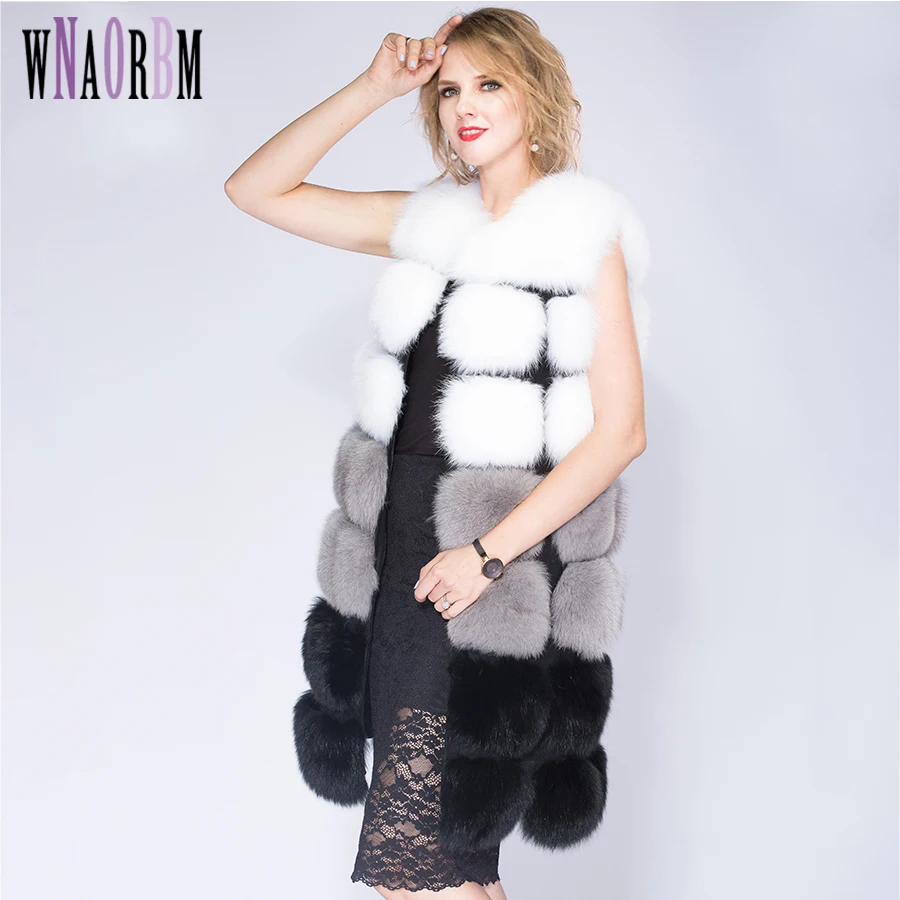 90 cm Real Fox Fur Vest Natural Whole Fur Coat Women Winter Standard Sleeveless Button Design grid  Fox Fur Vest Plus Size