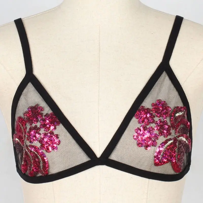 

Womens Spaghetti Strap Bustier Sexy V-Neck Glitter Butterfly Flower Sequin Underwear Bra Erotic Sheer Mesh Cup Lingerie Bralette