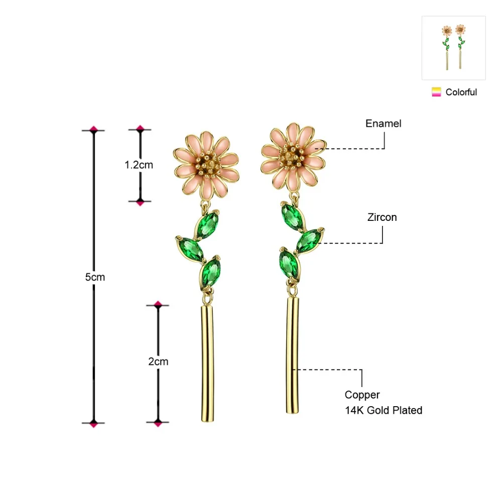 Neoglory Zircon &amp Enamel Long Dangle Earrings Colorful Flower Design Cute Girl Fashion Party Classic Gift Youth Sale | Украшения и