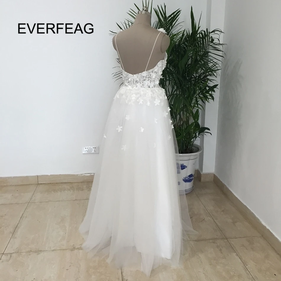

Vestido De Noiva Simple Beach Wedding Dress 2020 Spaghetti Straps Sexy Vintage Boho Backless White Tulle Bridal Gown With Flower