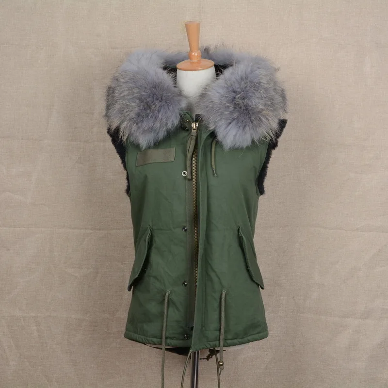 Jancoco Max новый зеленый жилет черная подкладка с настоящим воротники из меха енота