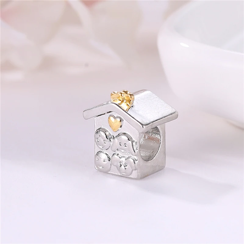2018 Original Silver Plated Beads Charm Sweet Family With Golden Heart Charms Fit Bracelets Women Diy Jewelry | Украшения и