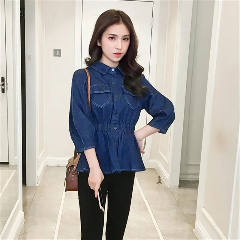 Куртка женская демисезонная из денима с рукавами фонариками однобортная