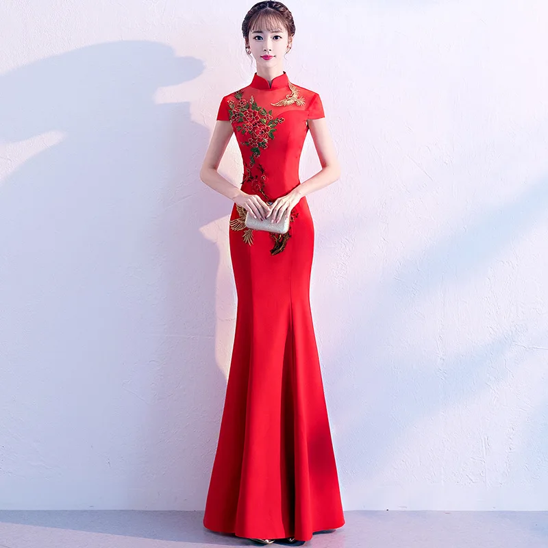 Женское платье с вышивкой в китайском стиле Cheongsam Красное длинное подружки