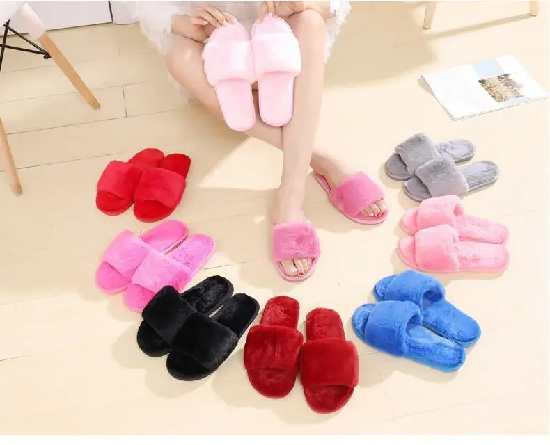 Women Slippers Winter Shoes Flat Sweet Home Slippers Woman Indoor Shoes Fur Warm Soft Slip On Black Pink Grey Female flip flops