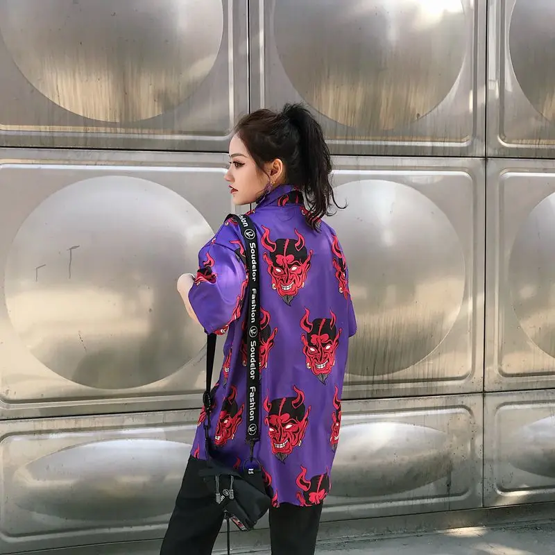 Harajuku модные короткий рукав Для женщин рубашки хип-хоп дьявол глава жуткий мультфильм печати рубашки хлопковые свободные средней длины летние рубашки
