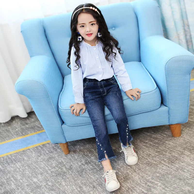 Детские джинсовые штаны рваные джинсы для девочек детские леггинсы с бисером