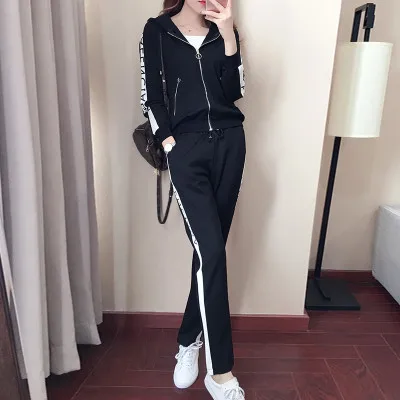 Женский спортивный костюм черный белый тонкий полосатый хлопковый Повседневный