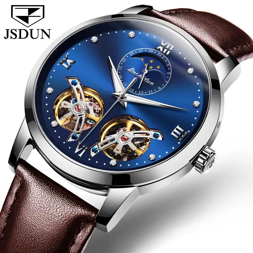 Silver Blue JSDUN Роскошные деловые мужские механические наручные часы с двойным турбийоном и скелетом, с Циферблатом из белого золота, автоматические часы - Цвет: Silver Blue