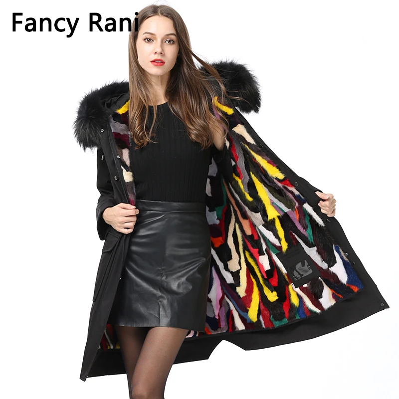 Detachable Natural Mink Fur Liner Parkas Women Multi Rainbow Printed Coats with Real Raccoon Dog Collar 2018 New Winter | Женская одежда