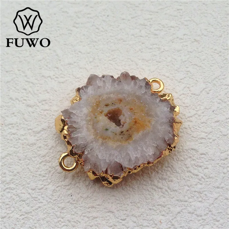 

FUWO Natural Round Stalactite Quartz Slice Connector 24K Gold Electroplate Crystal Druzy Fashion Women Jewelry Wholesale PD029