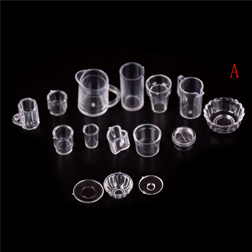 15Pcs/Set 1:12 Scale Miniature Transparent  Plastic Plate Cup Dishes Bowl Tableware Set Doll Food Kitchen Cooking Accessories