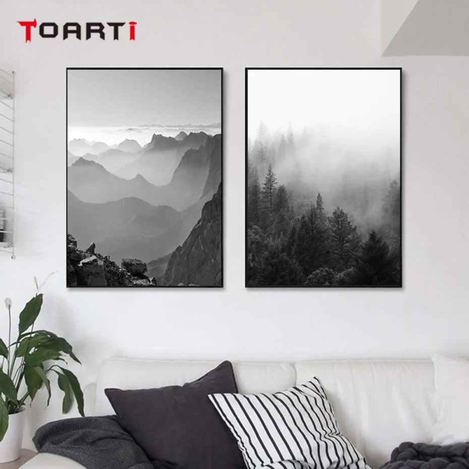 Туманный лес Mountain серый плакат и печать пейзаж стены картину для Гостиная