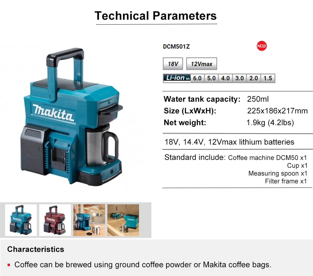 Япония Makita Беспроводная Кофеварка DCM501 перезаряжаемая кофемашина 18 в уличная удобная в переноске Рабочая кофемашина 12 в 250 мл