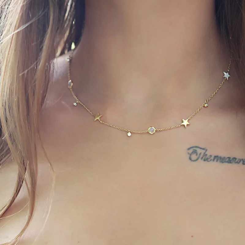 

Silvology 925 Sterling Silver Round Bead Zircon Star Necklace Gold Mini Romantic Texture Elegant Female Choker Jewelry Necklace