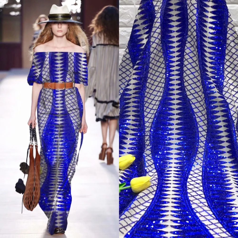 Африканская кружевная ткань 2019 Высококачественная французские синие блестки