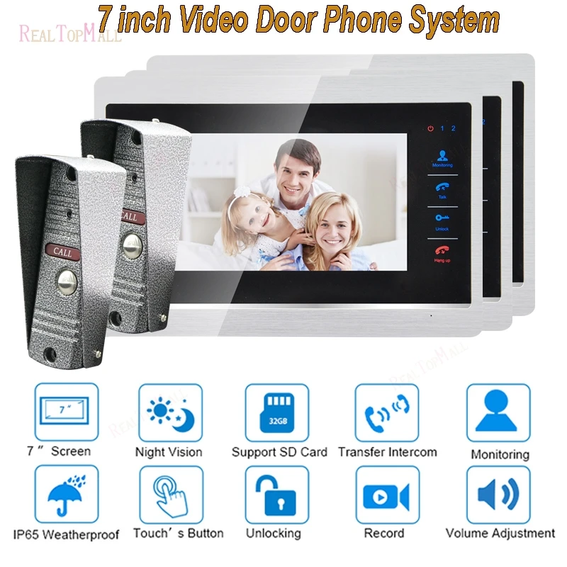 

7 Inch Doorbell Camera Video Door Phone Monitor Intercom System Kit Night Vision 1200 TVL Recording SD Card Support 2v 1