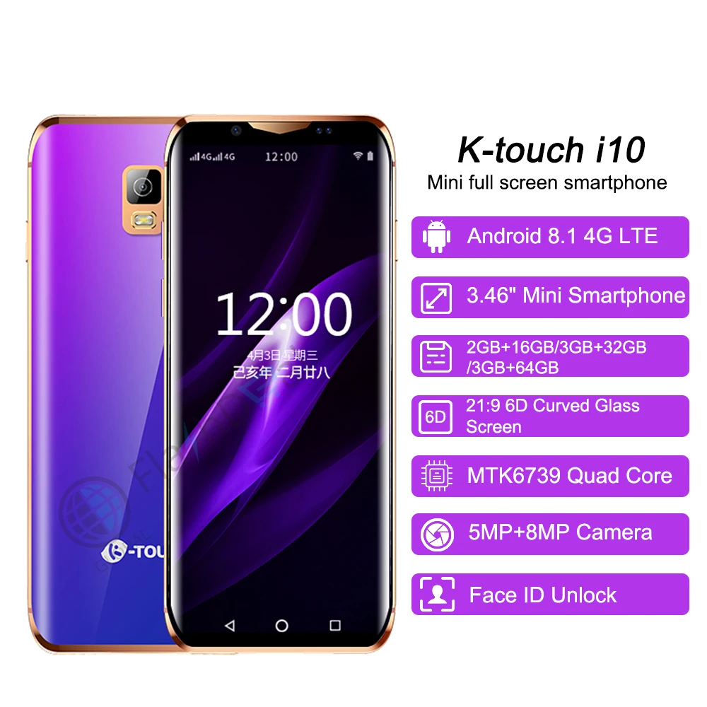 Мини-смартфон K-Touch i10, четырехъядерный, 3 ГБ, 64 ГБ, 3,46 дюймов, 6D, изогнутое стекло, экран, Android 8,1, Face ID, wifi, маленький смартфон 4G