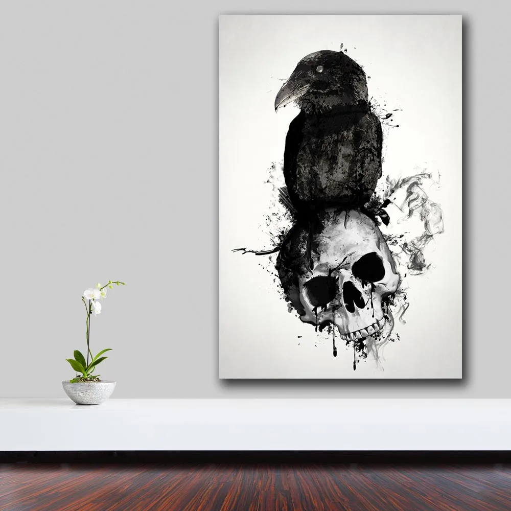 Большой Размеры масло чернила живопись Ворон и черепа Картина на холсте для