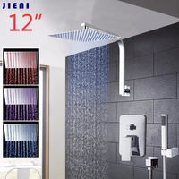 jieni 12 inch led rainfall bathroom shower kit hand shower shower head wall mounted square chrome brass waterfall shower set