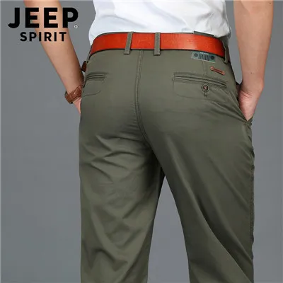 JEEP SPIRIT, деловые повседневные брюки, мужские повседневные хлопковые осенние брюки со средней талией, мужские прямые брюки размера плюс, pantalon homme - Цвет: Армейский зеленый