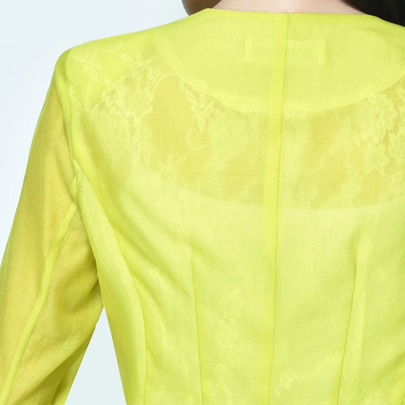 

Summer Spring Office Lady Womens Green Yellow Lace Patchwork Half Short Sleeve Cuffs Blazer Coat , Female Xl One Button Blazers