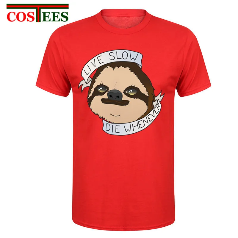 Lovely sloth t shirt men live slow die whenever letters printed t-shirt male Short Sleeve Fashion T-Shirt Novelty Cool Tee | Мужская