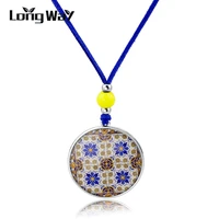 longway bohemian yellow flower silver color pendants long blue leather rope chain necklace beads women accessories sne150863103