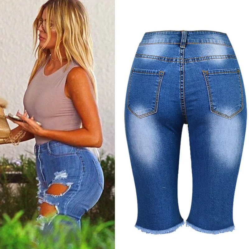 Женские рваные джинсы до колена с высокой посадкой|high waist ripped|jeans woman sexyhigh ripped jeans |