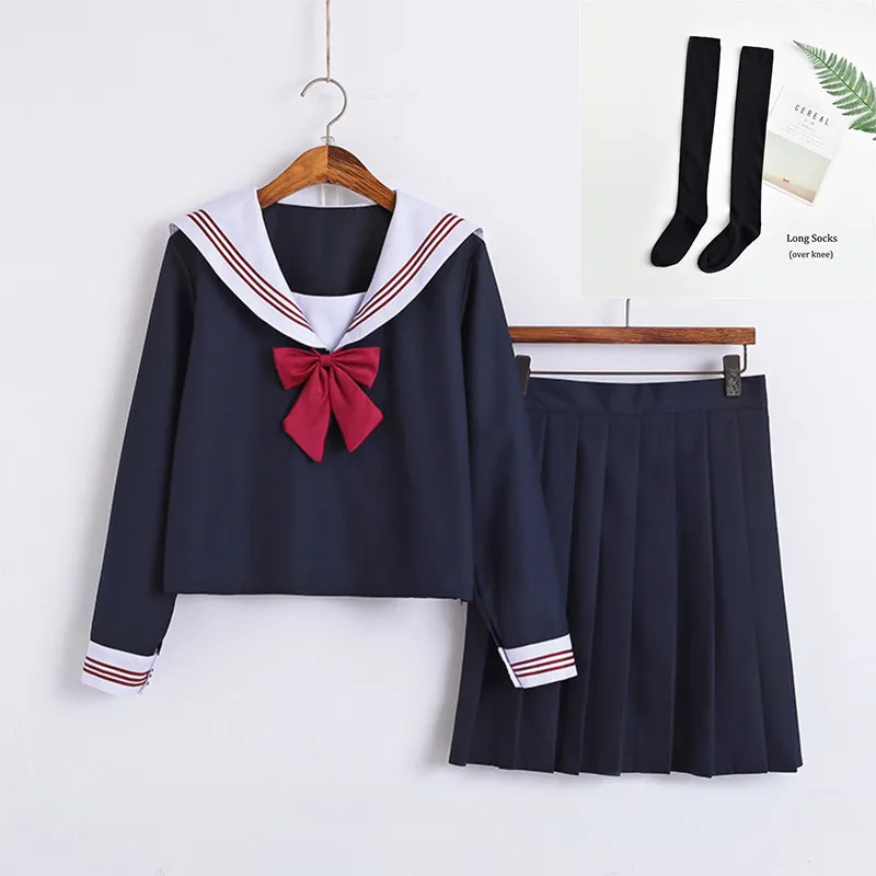 Long Set With Socks Г. Японская школьная форма для девочек, милые короткие/длинные матросские Топы+ плиссированная юбка полный комплект карнавальный костюм JK - Цвет: Long Set With Socks