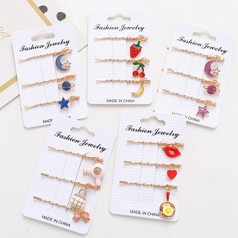

3 pieces Korean Women Cute Clip Bangs Alloy Hair Clip With Star And Moon Bling Bling Hair Clip Accessories