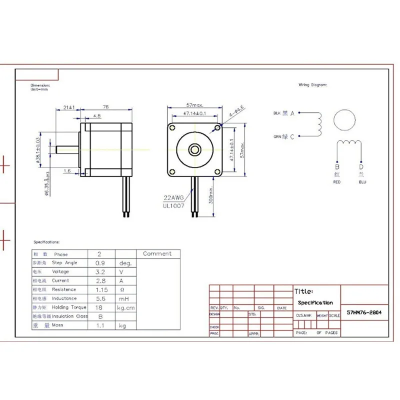 

1pc 0.9 degree 57mm 2 Phase Hybrid Stepper Motor, 2.8A, NEMA23 57HM76-2804 18kg.cm (1.9NM), 4-lead for 3D printer