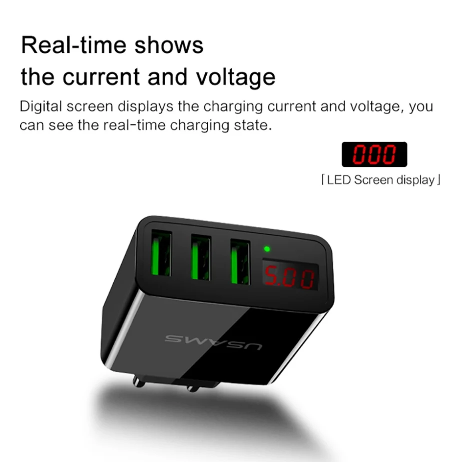 USAMS Марка ЕС Plug Led Дисплей стене телефон Зарядное устройство 3 Порты и разъёмы USB 2.4a