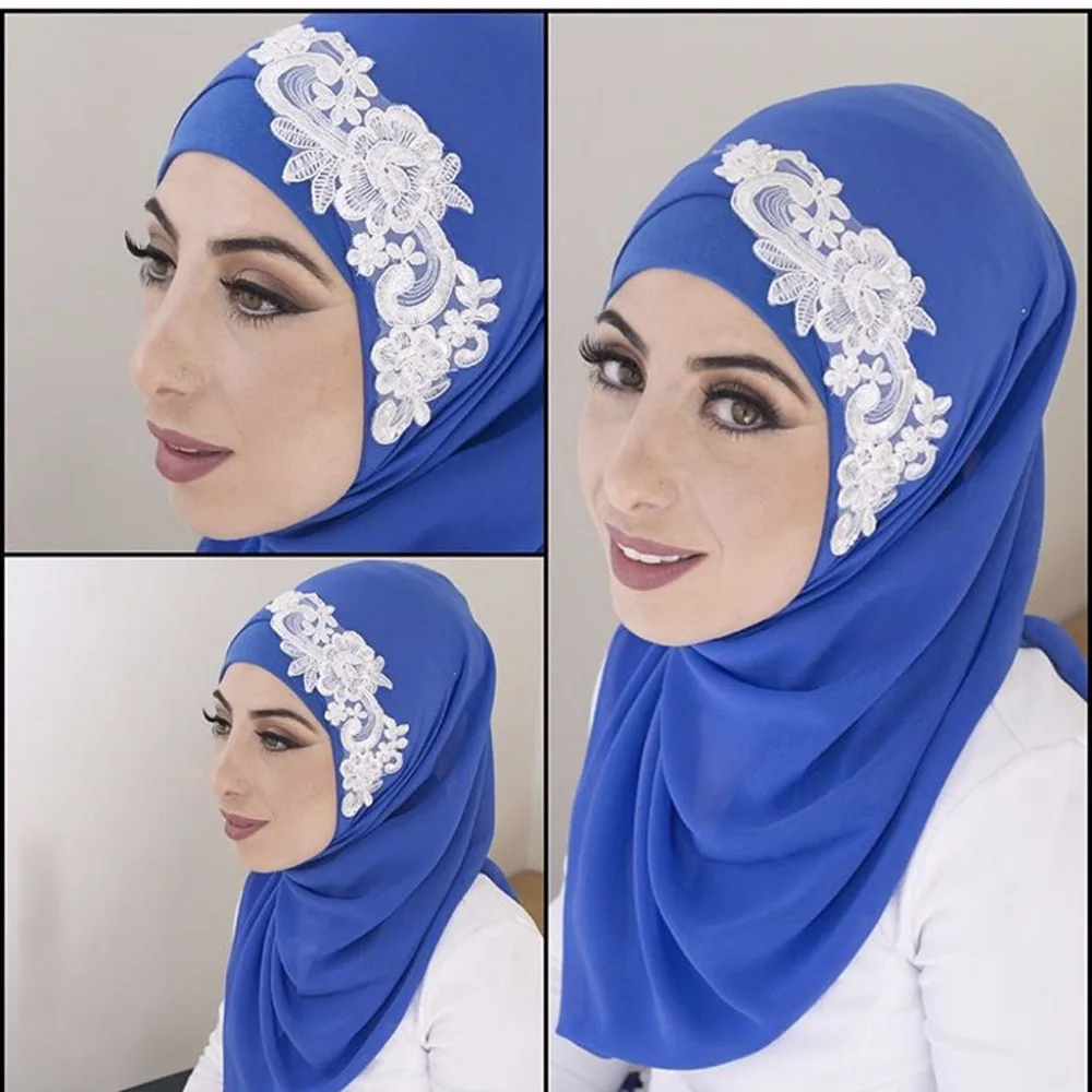2020 Designer Muslim Veils Blue Appliqued Lace Hijab Bridal Headdresses Wedding Accessories | Свадьбы и торжества