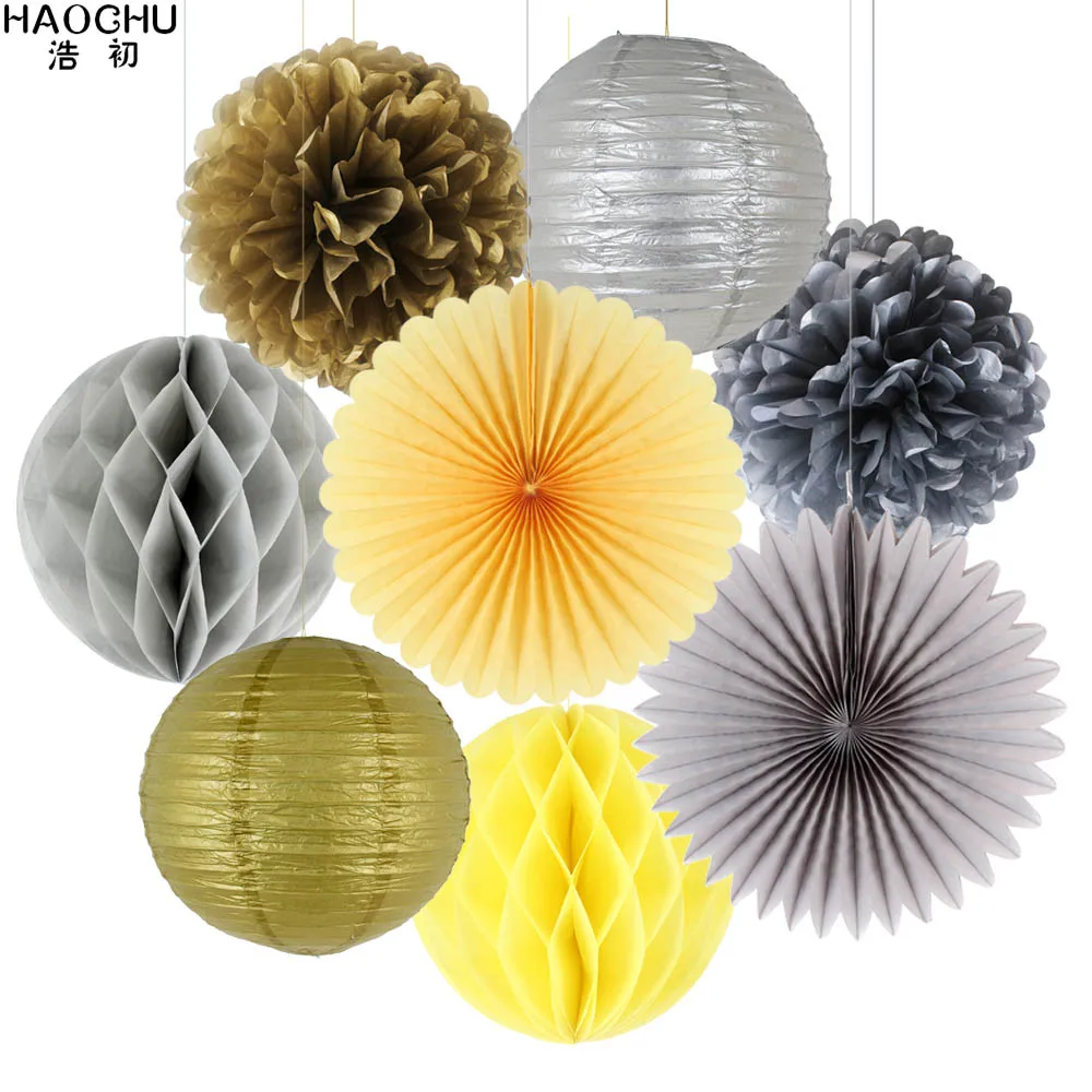 Yellow Grey 8pcs/Set Round Chinese Paper Lanterns Gold Silver Tissue Paper Honeycomb Balls Wedding Flower Birthday Party Hanging Decorations - Цвет: Yellow Grey