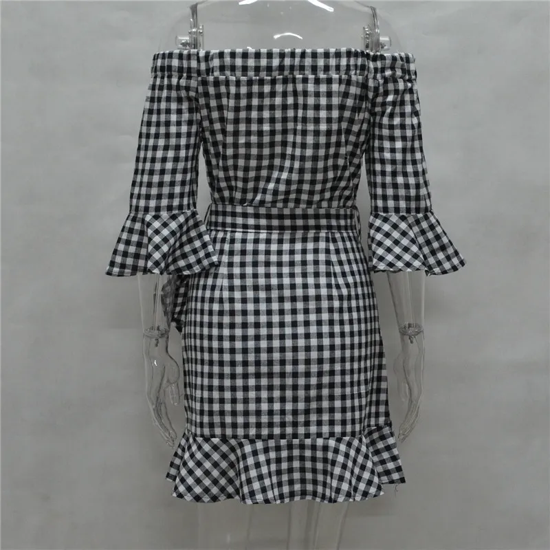 2017 высокое качество пикантные плед мини пляжное платье женские с плеча Новая