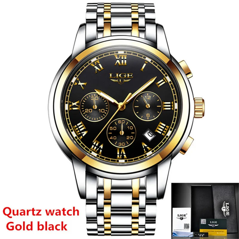 S Gold black Модные мужские часы LIGE Топ бренд класса люкс Tourbillon водонепроницаемые автоматические механические часы мужские спортивные часы из нержавеющей стали+ коробка - Цвет: S Gold black