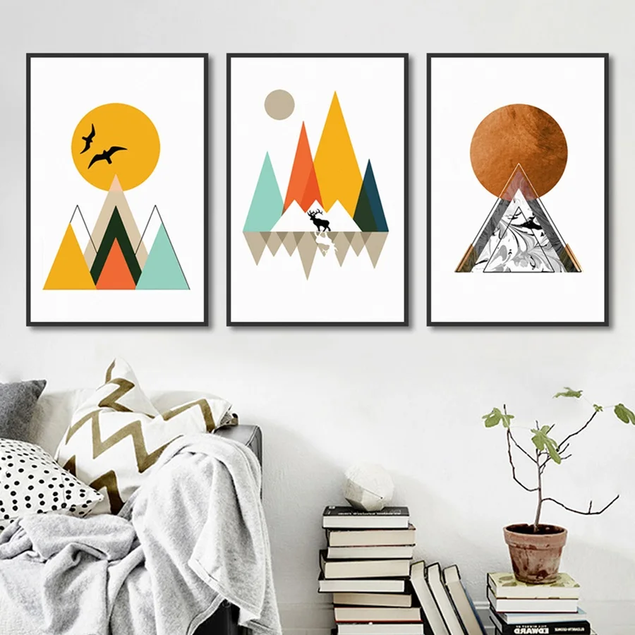 

Creative Geometric Mountain Peak Elk Framed Painting Nordic Canvas Wall Art Poster Home Decoration Bedroom Modular Pictures