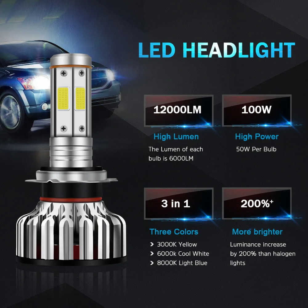 Mdatt 4 боковые автомобильные лампочки COB H1 H7 H4 H11 светодиодные лампы Canbus 12000Lm 100 Вт