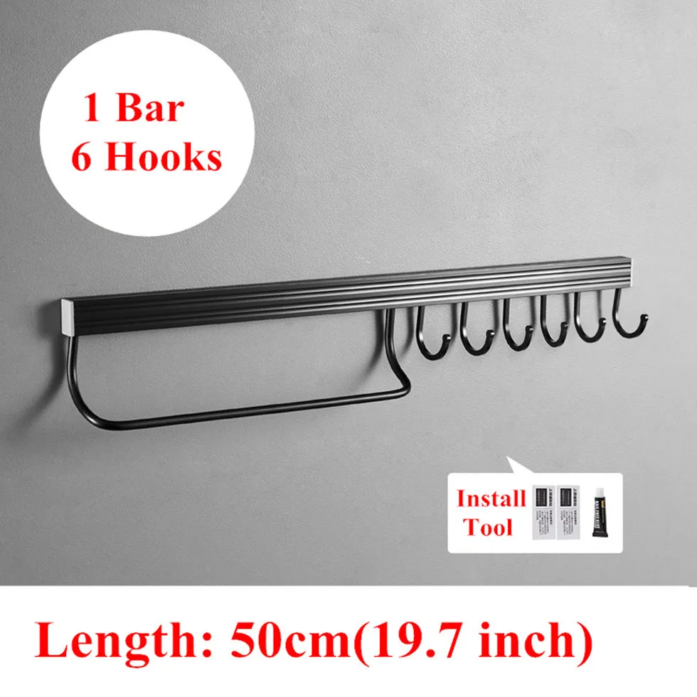 50cm 1 bar 6 hooks Настенный Черный Космический алюминиевый держатель для кухонной стойки, держатель для инструментов, одинарный бар, удобная лента для хранения ножей, инструмент для кухонной утвари - Цвет: 50cm 1 bar 6 hooks