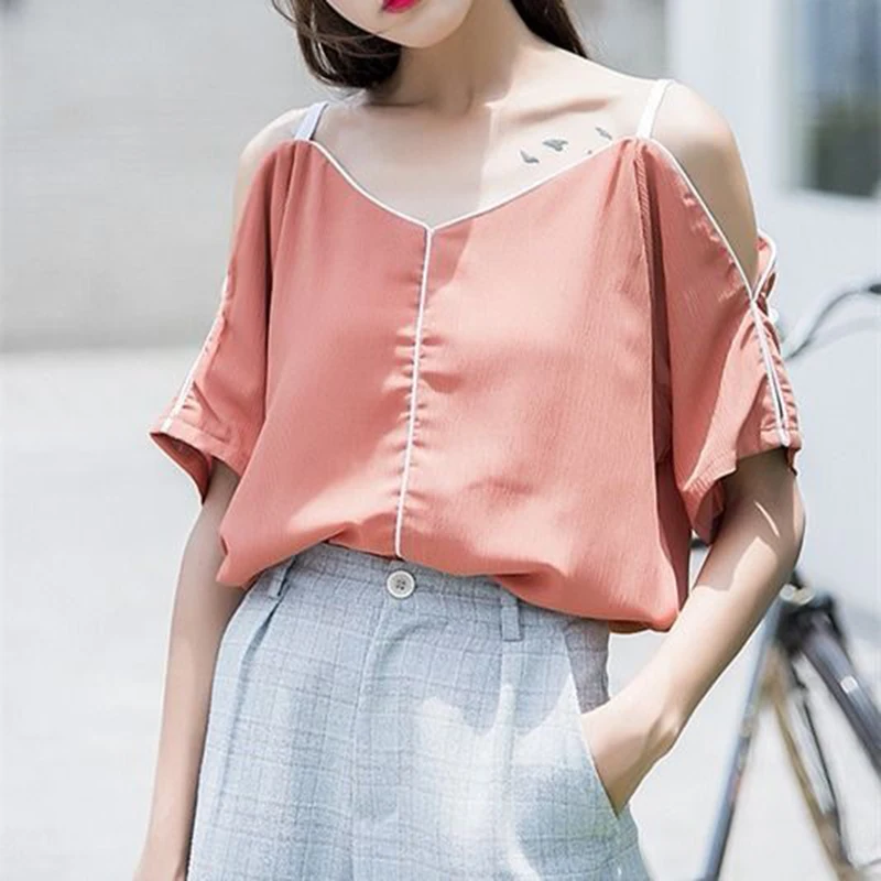 Women Summer Beach Style Short Blouses Shirts Lady Girls Casual Sleeve Off Shoulder Straped Blusas Tops DF2571 | Женская одежда