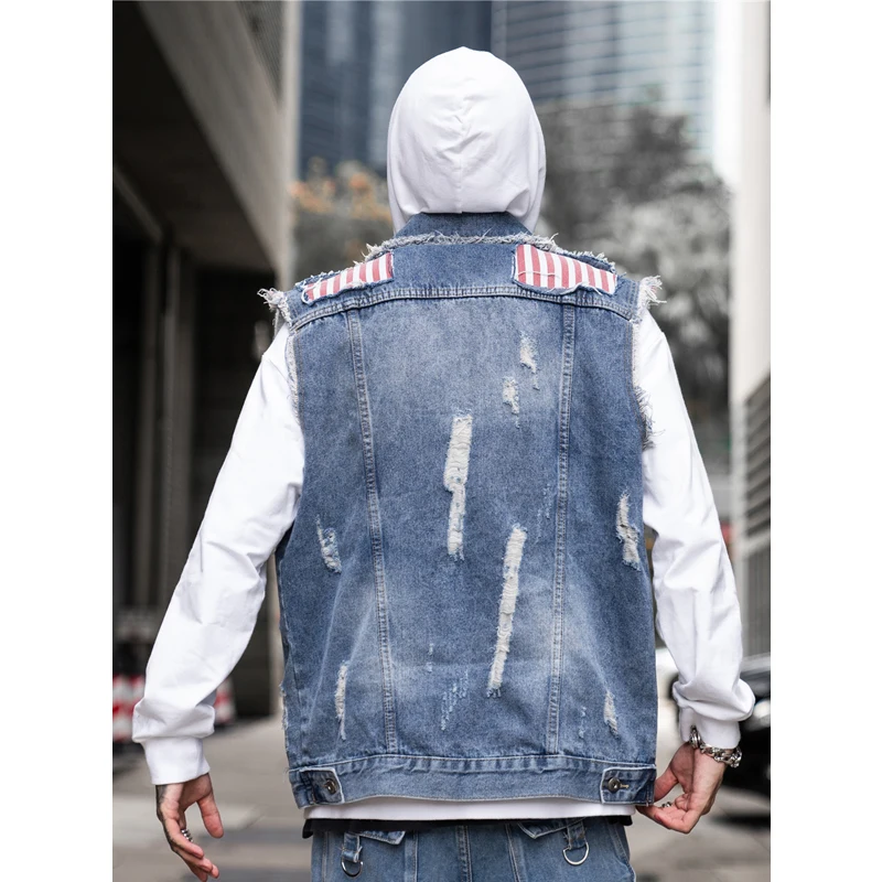 UNCLEDONJM лоскутный джинсовый жилет с рваными рукавами уличная Верхняя одежда