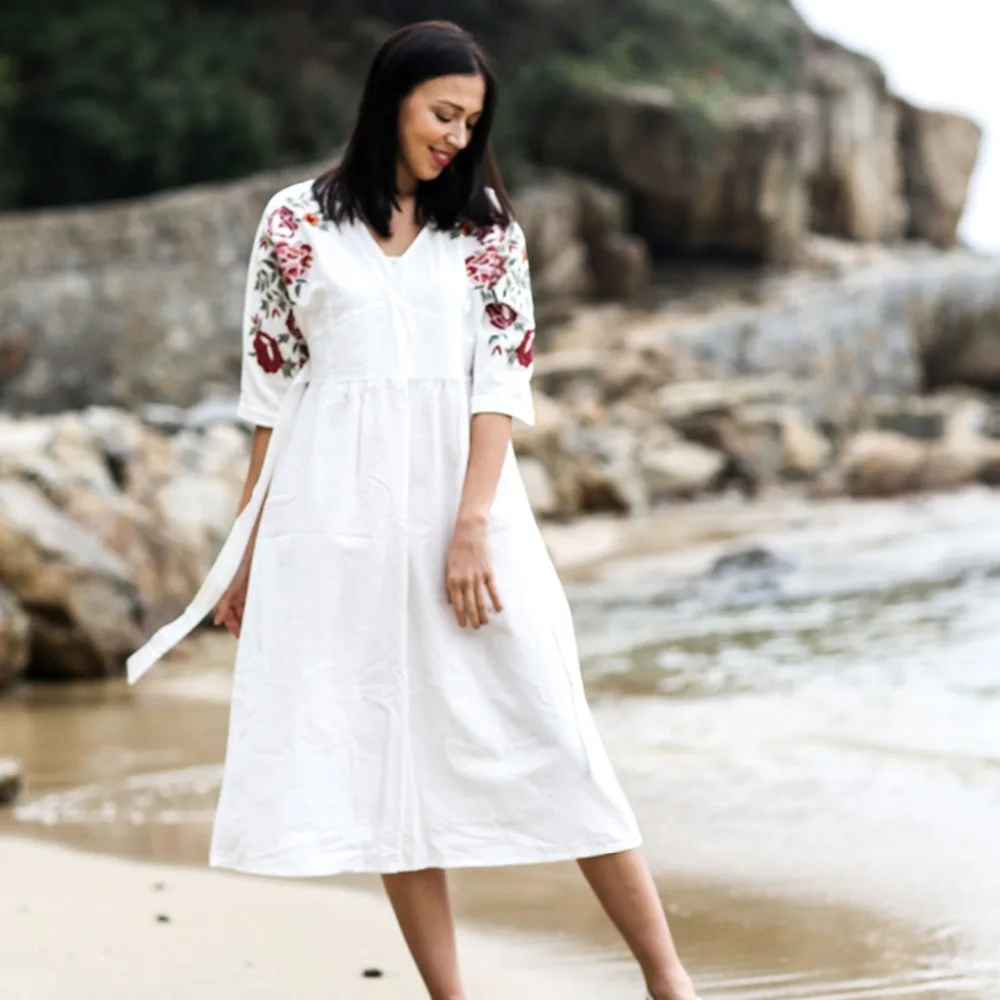 Женское платье с цветочной вышивкой Boho винтажное повседневное пляжное большого