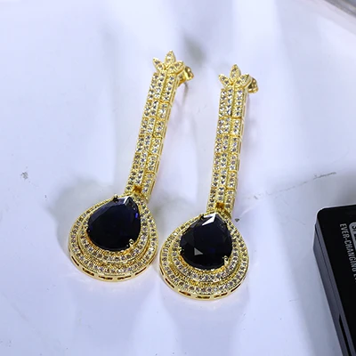 gold and blue stone Большие серьги-капли для свадебной вечеринки, роскошные цветные ювелирные изделия, ювелирные изделия белого, зеленого, черного, красного и золотого цветов, большие серьги-капли - Окраска металла: gold and blue stone