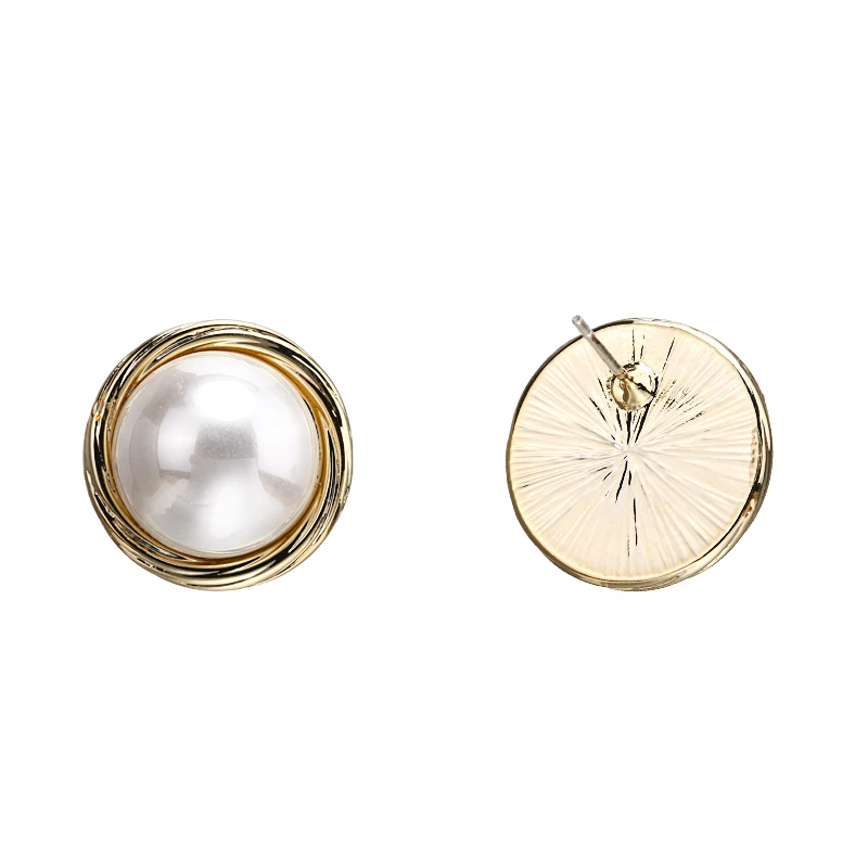 Yhpup Stylish Copper Round Geometric Stud Earrings Imitation Shell Pearls Vintage Oorbellen Female Party Jewelry S925 Brincos