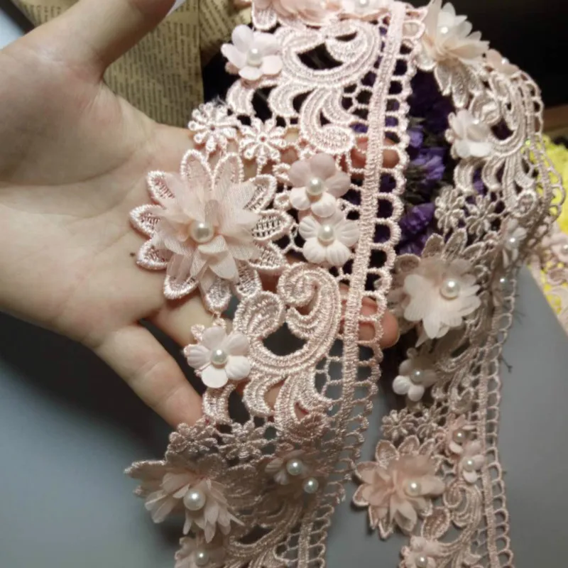1 ярд розовый 9 см жемчужный 3D цветок кисточка кружевная отделка Лента ткань