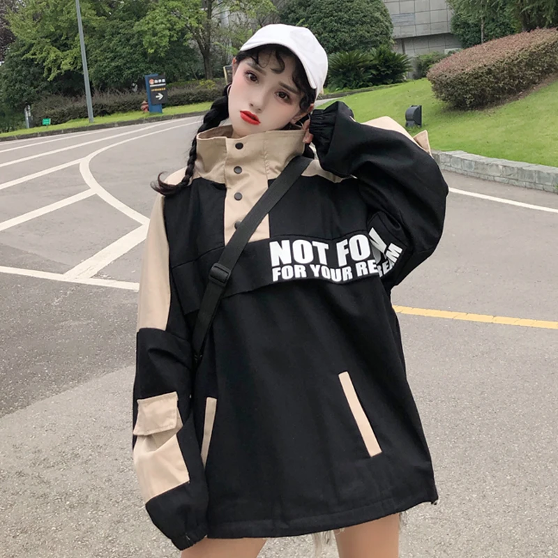 Black Plegie Harajuku, Женская куртка большого размера, весна, новинка, с буквенным принтом, свободная верхняя одежда, пальто в стиле хип-хоп, уличная одежда, BF стильные куртки - Цвет: Black
