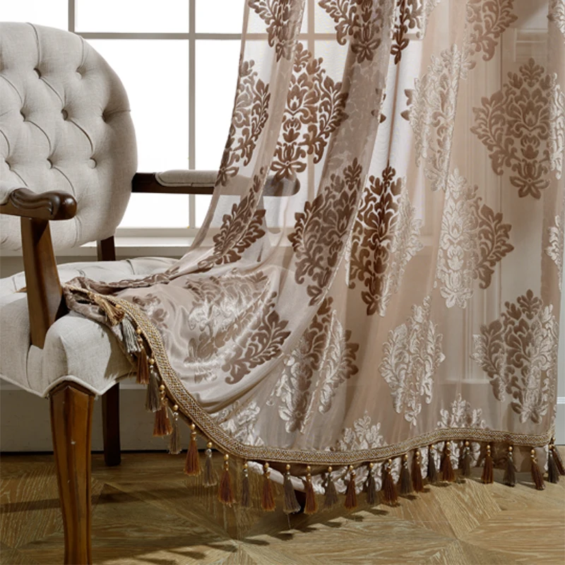 

GIGIZAZA beaded decor door voile curtain tassel drape luxury for living room window curtain sheer tulle brown color custom size