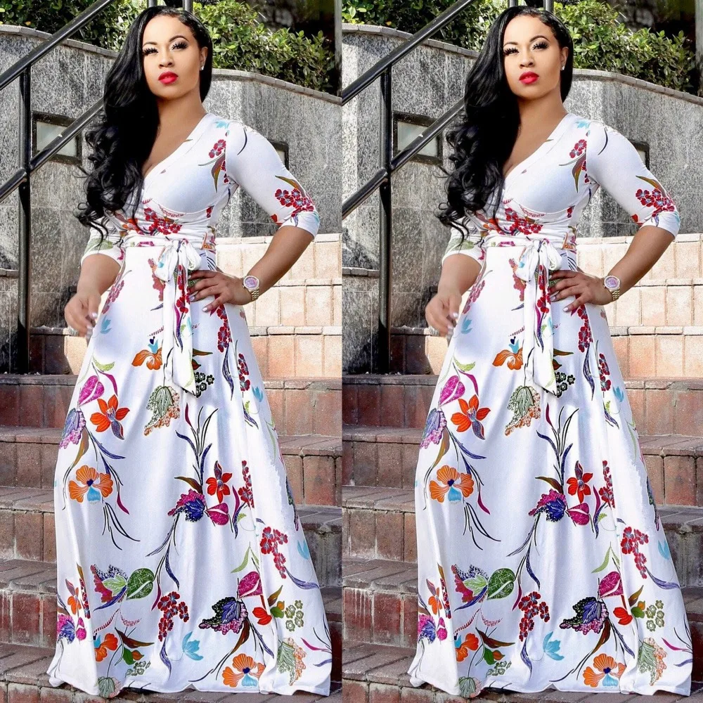Белое цветочное Макси платье с v образным вырезом больших размеров осенние