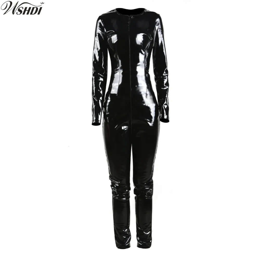 Женский черный комбинезон из искусственной кожи на молнии|pvc jumpsuit|cat jumpsuit womenzipper